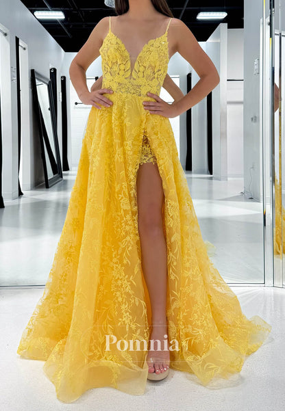 Daffodil Spaghetti Straps V-Neck Slit Prom Dress