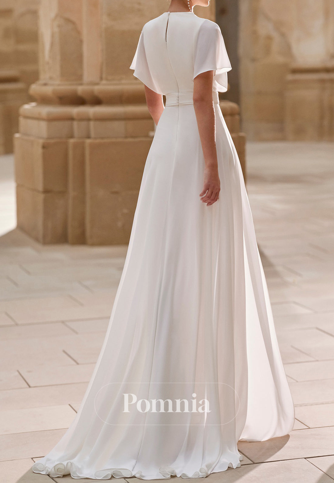 Jumpsuit Short Sleeves V-Neck Satin Wedding Dress