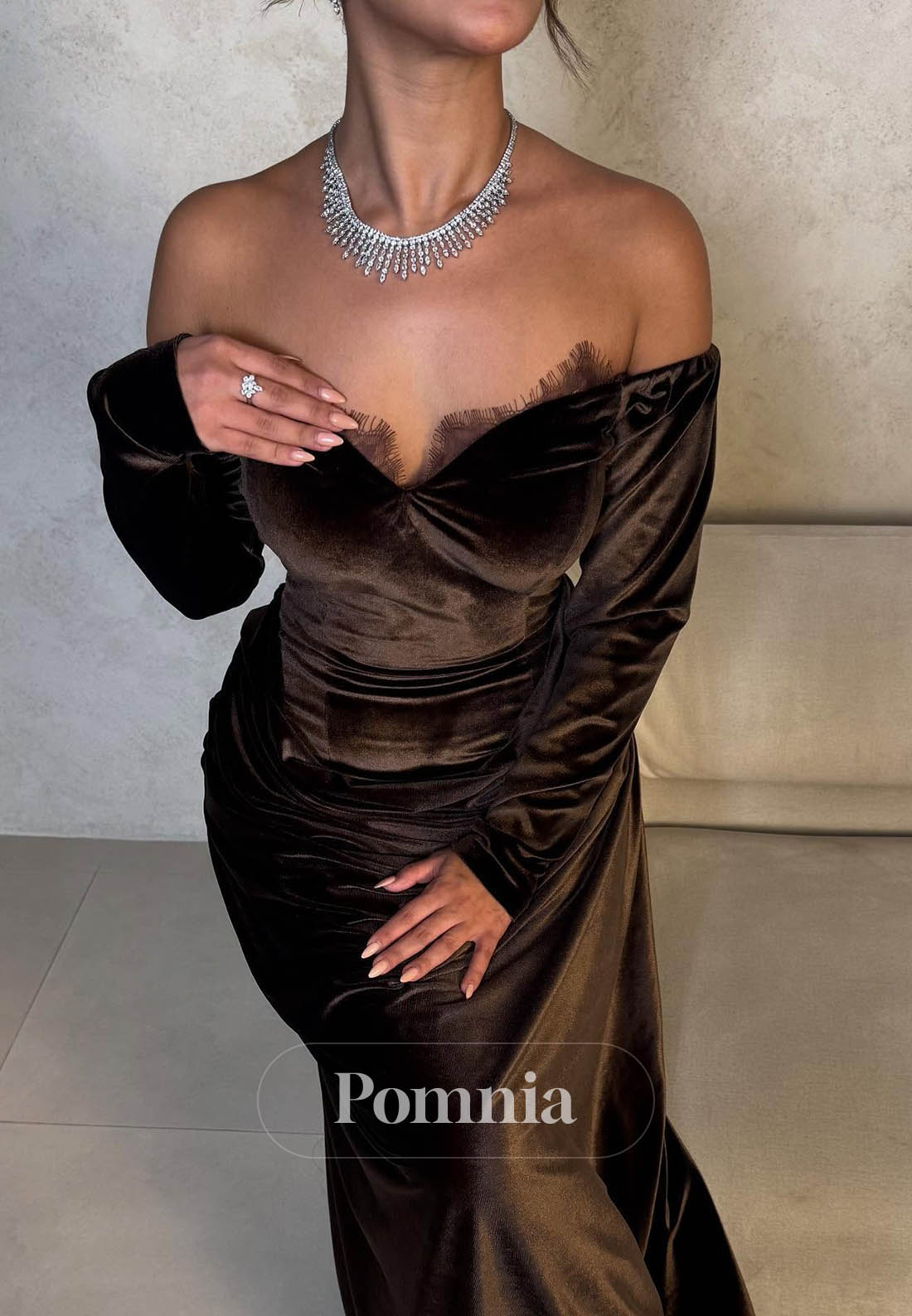 Cabernet Long Sleeves Sweetheart A-Line Evening Dress