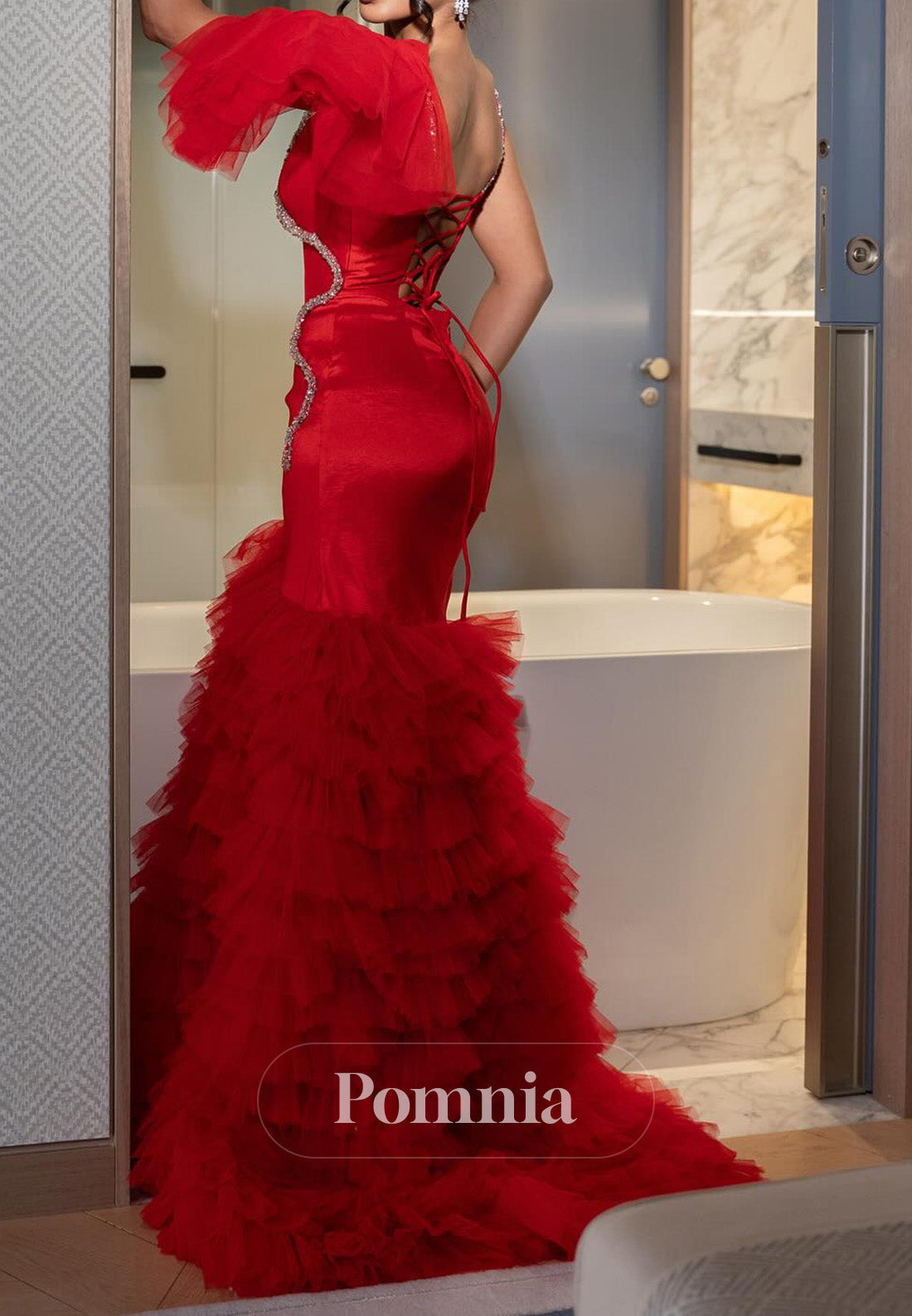 Red One Shoulder Sleeveless Ruffles A-Line Evening Dress