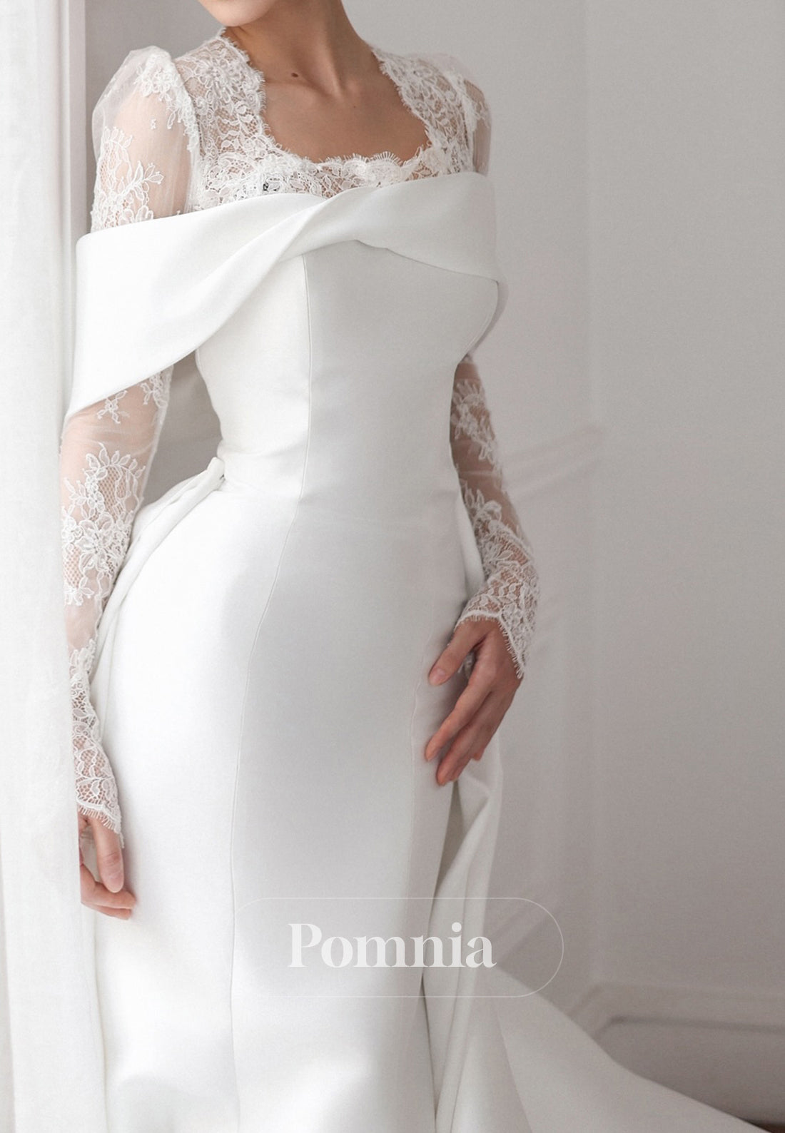 Simple Long Sleeves Square Sweep Train Wedding Dress