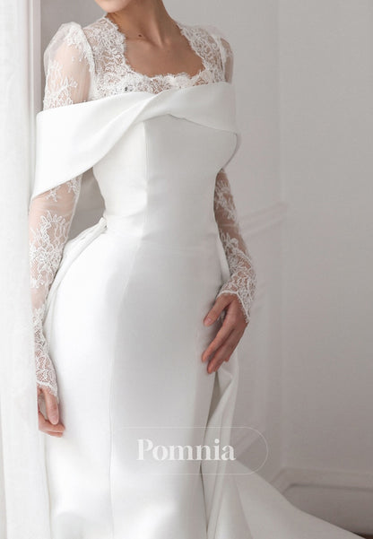 Simple Long Sleeves Square Sweep Train Wedding Dress