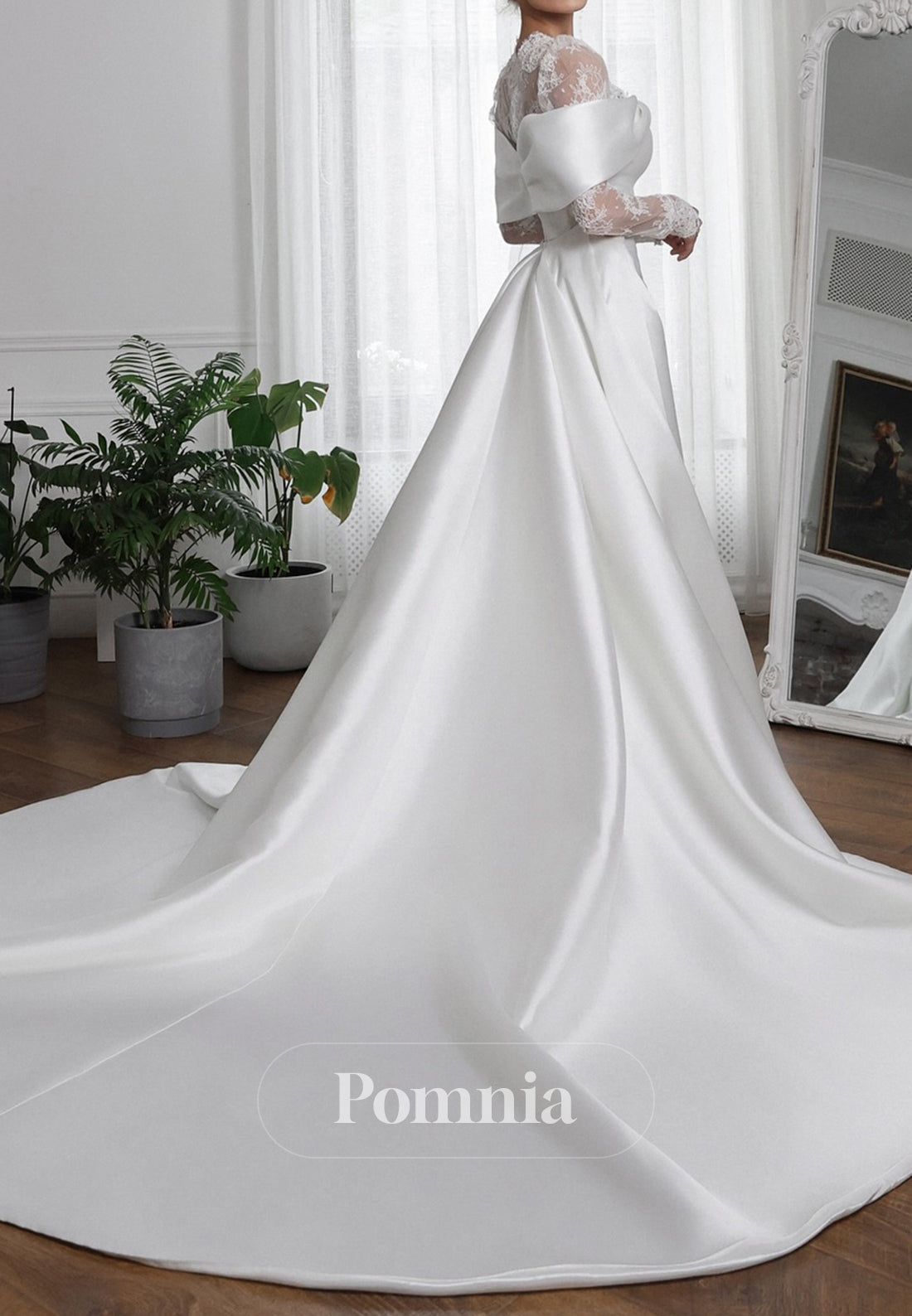 Simple Long Sleeves Square Sweep Train Wedding Dress