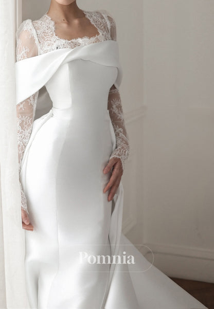 Simple Long Sleeves Square Sweep Train Wedding Dress