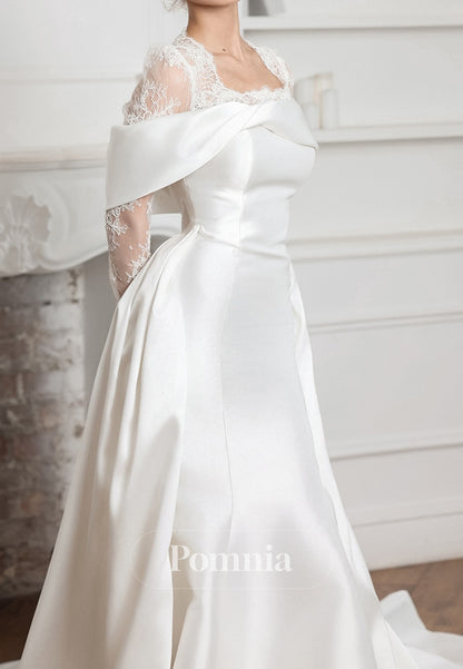 Simple Long Sleeves Square Sweep Train Wedding Dress