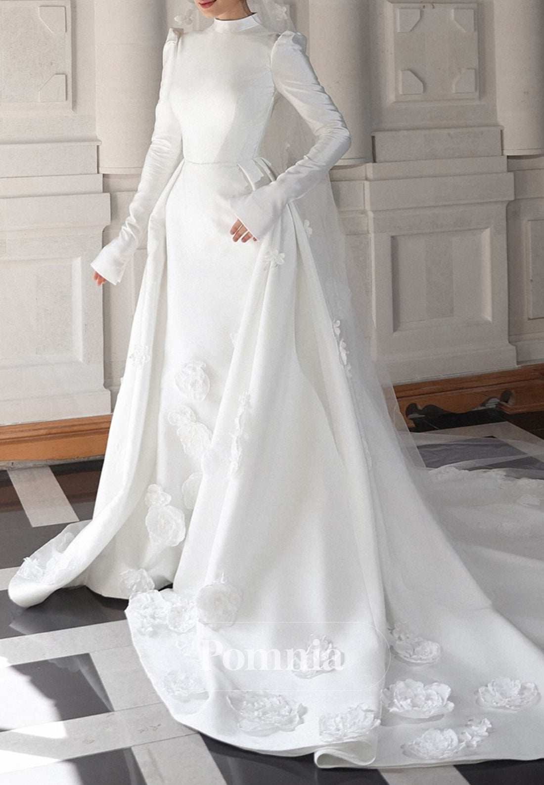 High Neck Long Sleeves Floral Appliques Wedding Dress