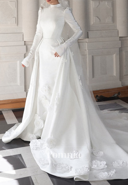 High Neck Long Sleeves Floral Appliques Wedding Dress