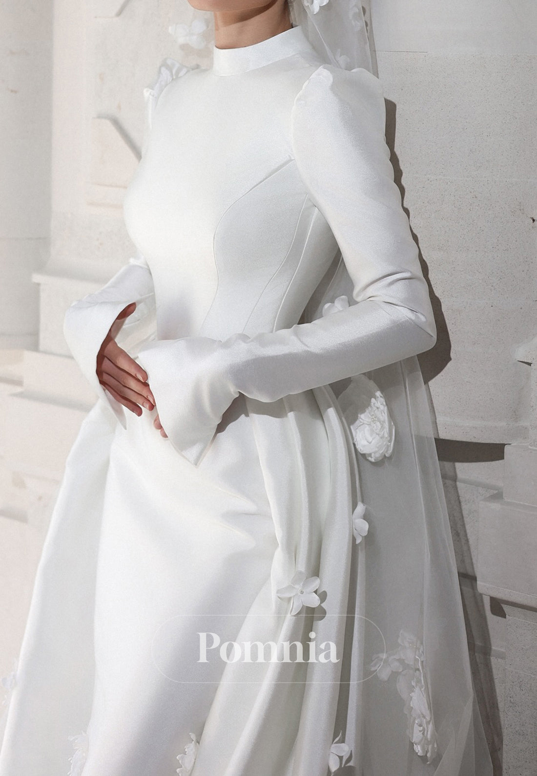 High Neck Long Sleeves Floral Appliques Wedding Dress