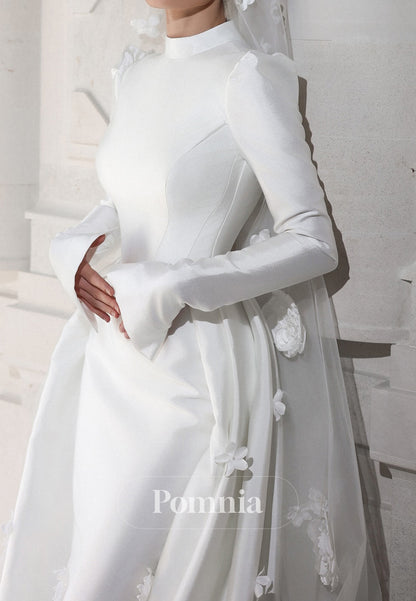 High Neck Long Sleeves Floral Appliques Wedding Dress