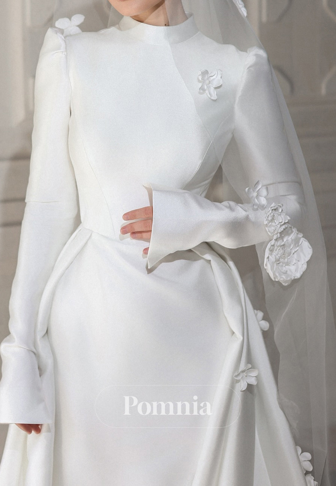 High Neck Long Sleeves Floral Appliques Wedding Dress