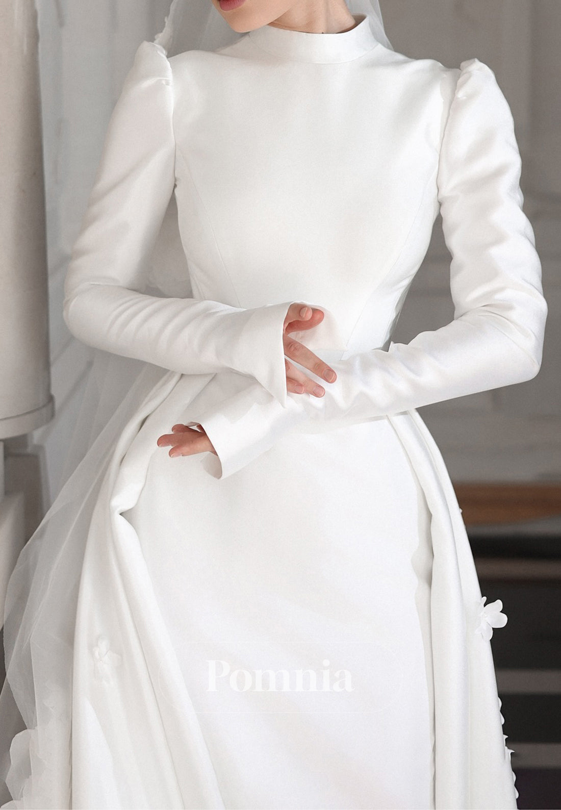 High Neck Long Sleeves Floral Appliques Wedding Dress