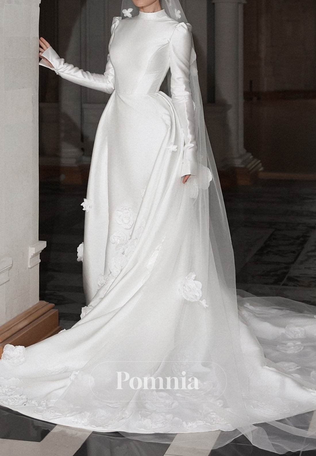 High Neck Long Sleeves Floral Appliques Wedding Dress