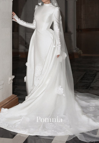 High Neck Long Sleeves Floral Appliques Wedding Dress