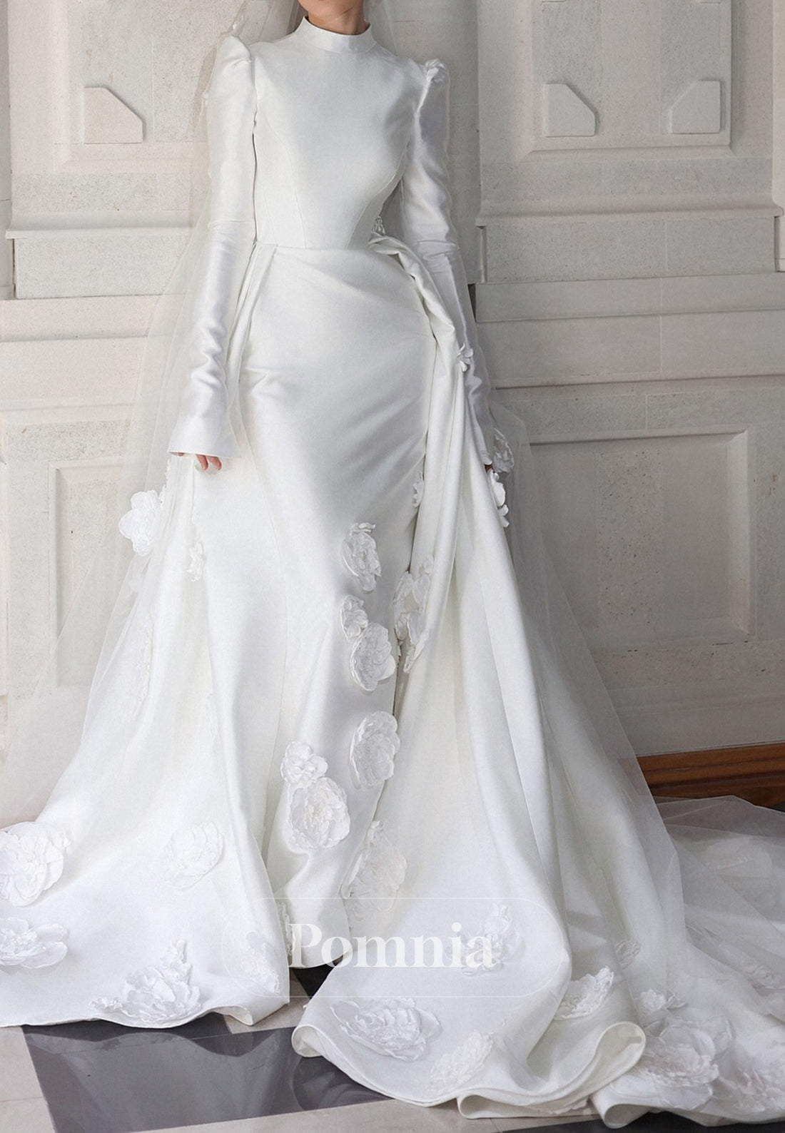 High Neck Long Sleeves Floral Appliques Wedding Dress