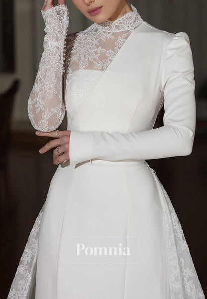 Elegant Long Sleeves High Neck Satin A-Line Wedding Dress