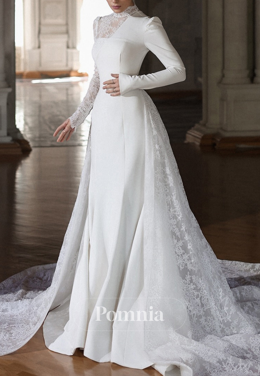 Elegant Long Sleeves High Neck Satin A-Line Wedding Dress