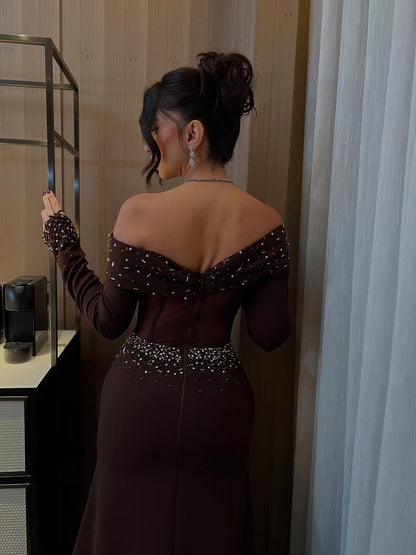 Beaded Sequins Sparkle Off the Shoulder Long Sleeve Mermiad Evening Dress