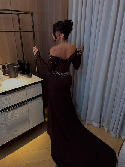 Beaded Sequins Sparkle Off the Shoulder Long Sleeve Mermiad Evening Dress