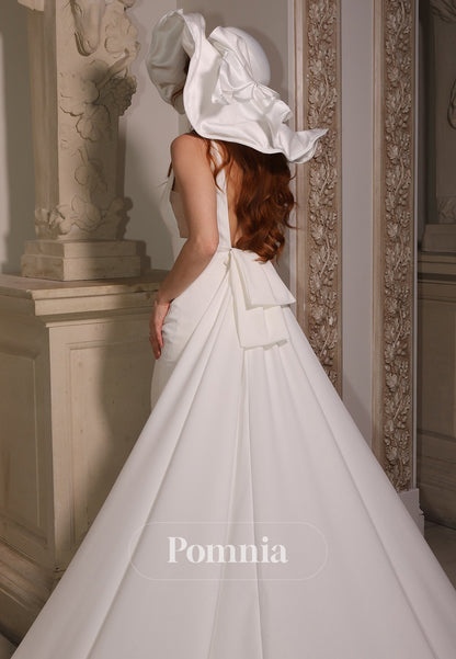 Simple A-Line Spaghetti Straps V-Neck Bowknot Wedding Dress