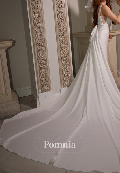 Simple A-Line Spaghetti Straps V-Neck Bowknot Wedding Dress