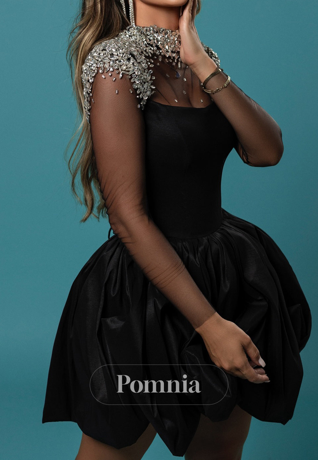 Black Long Sleeves High Neck Beads Short Homecoming Dress