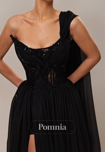 Black A-Line One Shoulder Slit Evening Dress