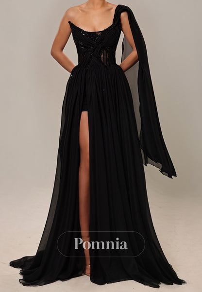 Black A-Line One Shoulder Slit Evening Dress