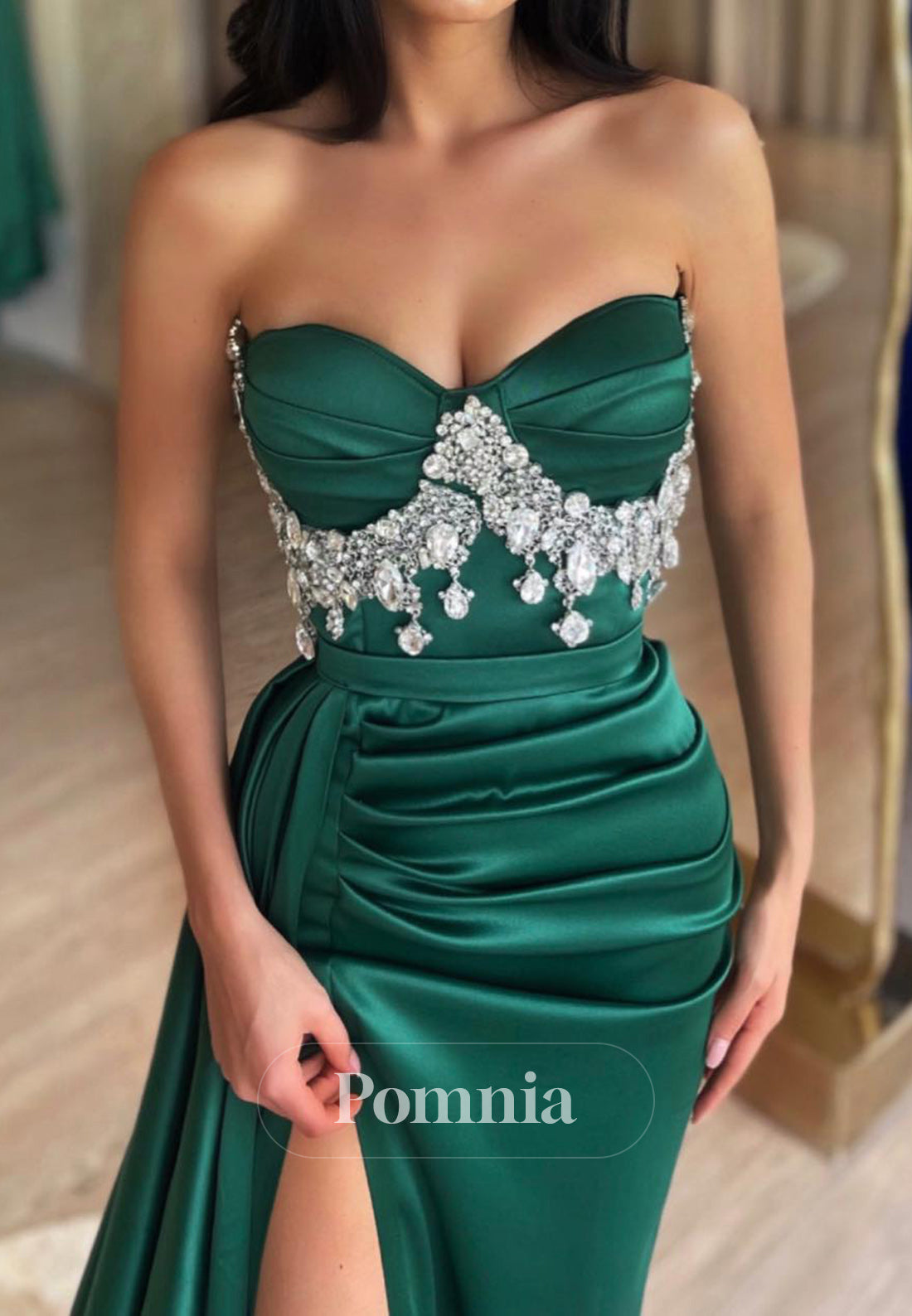 Sheath Sleeveless Strapless Beads Slit Evening Dress