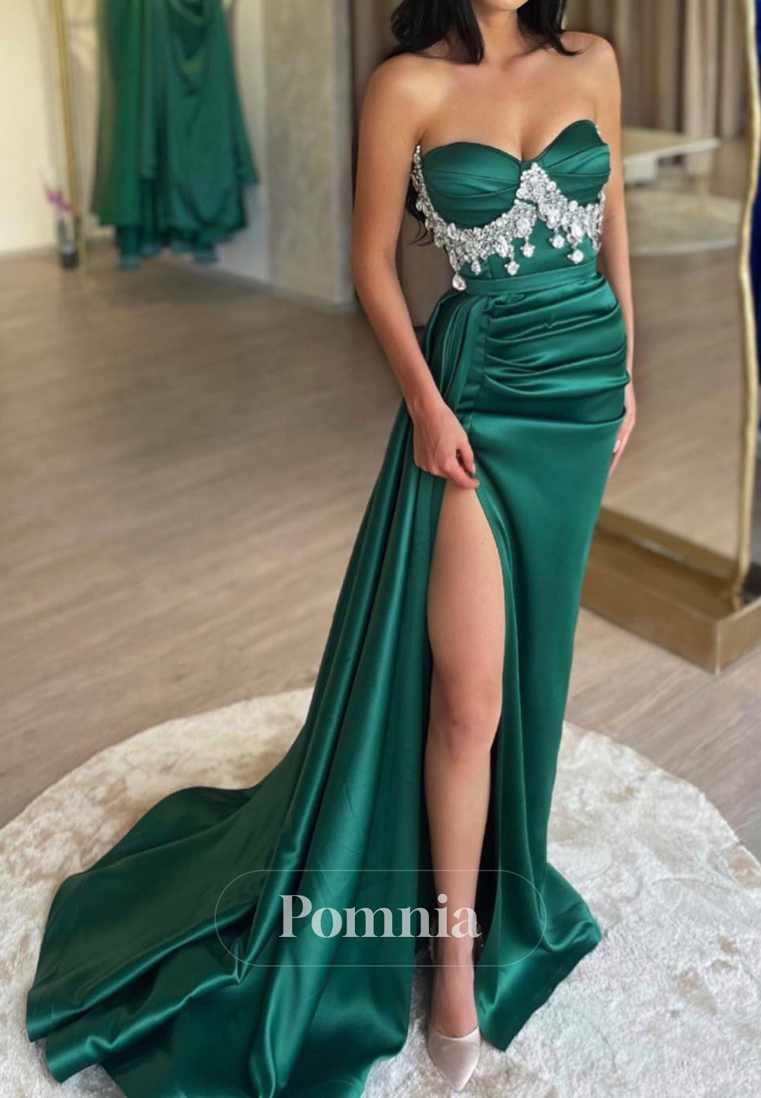 Sheath Sleeveless Strapless Beads Slit Evening Dress