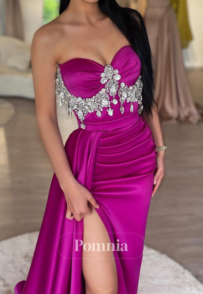 Sheath Sleeveless Strapless Beads Slit Evening Dress