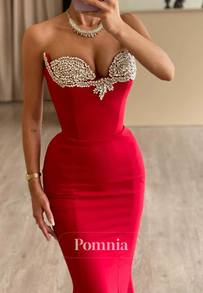 Sheath Red Strapless Sleeveless Beads Evening Dress