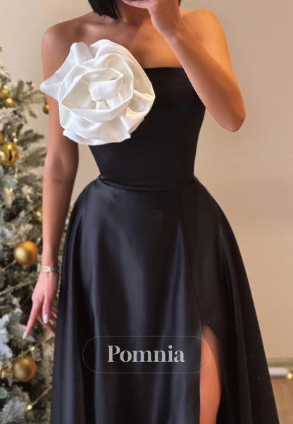 Simple A-Line Strapless Sleeveless Floral Appliques Evening Dress