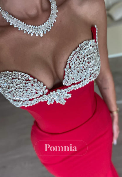 Sheath Red Strapless Sleeveless Beads Evening Dress
