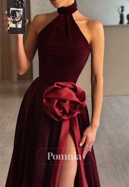 Burgundy Halter Sleeveless Floral Appliques Slit Evening Dress