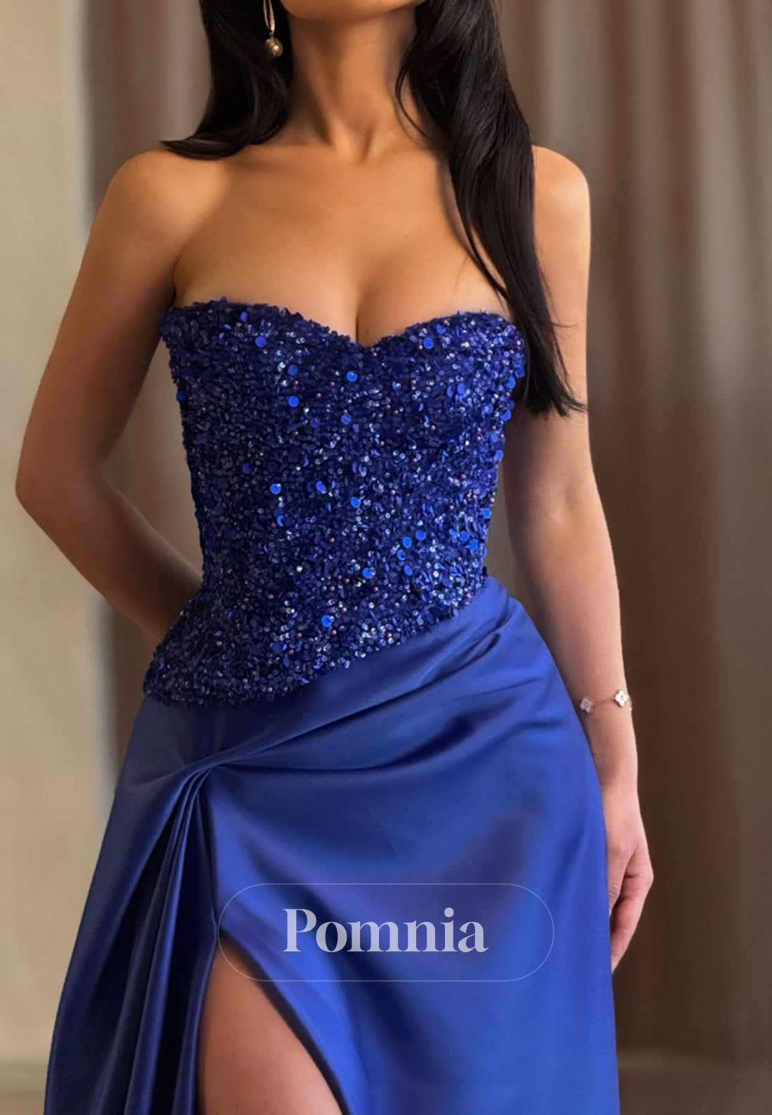 Royal Blue Strapless Sleeveless Slit Sequins Evening Dress