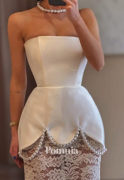 A-Line Strapless Sleeveless Empire-Waist Pearls Evening Dress