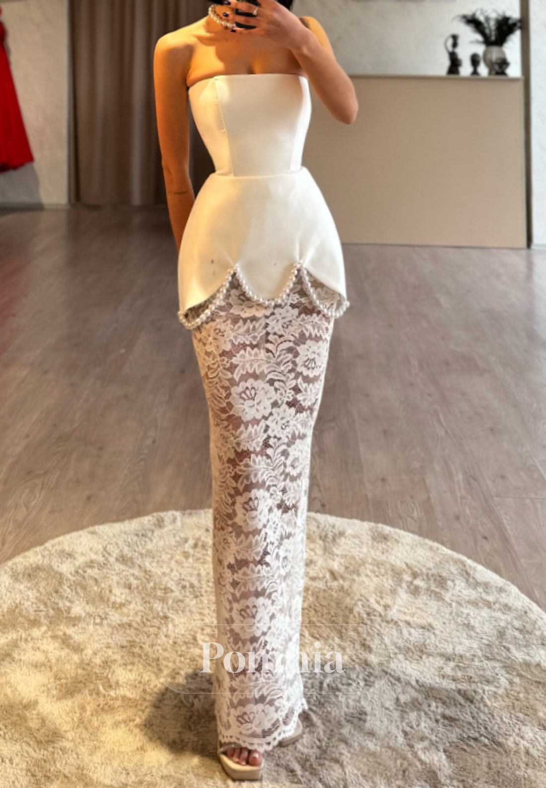 A-Line Strapless Sleeveless Empire-Waist Pearls Evening Dress