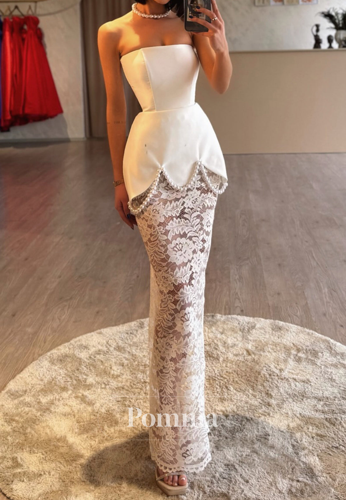 A-Line Strapless Sleeveless Empire-Waist Pearls Evening Dress