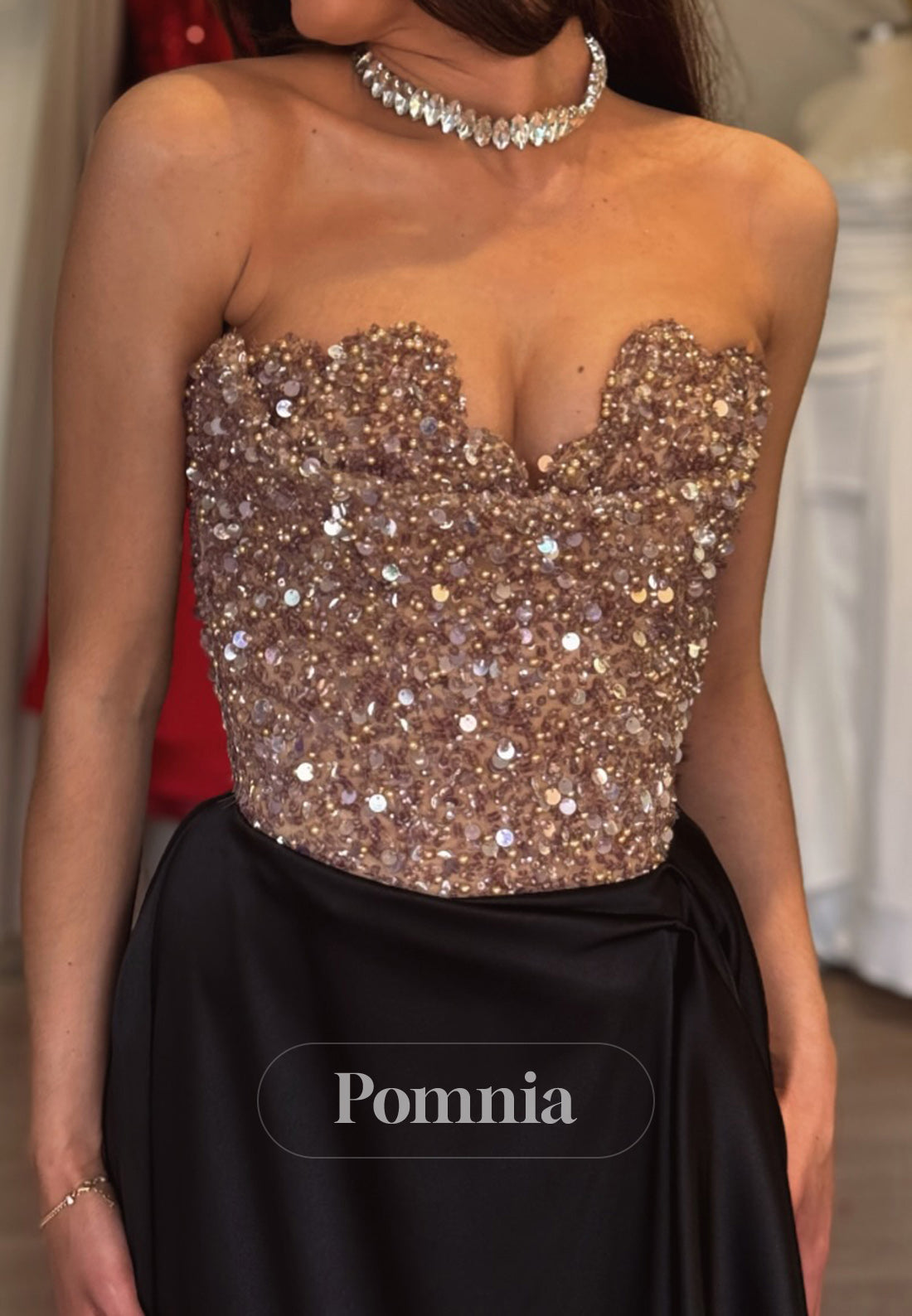 A-Line Strapless Sleeveless Sequins Empire-Waist Evening Dress