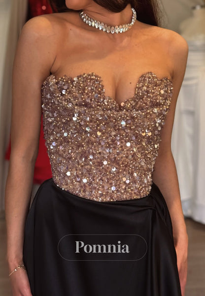 A-Line Strapless Sleeveless Sequins Empire-Waist Evening Dress