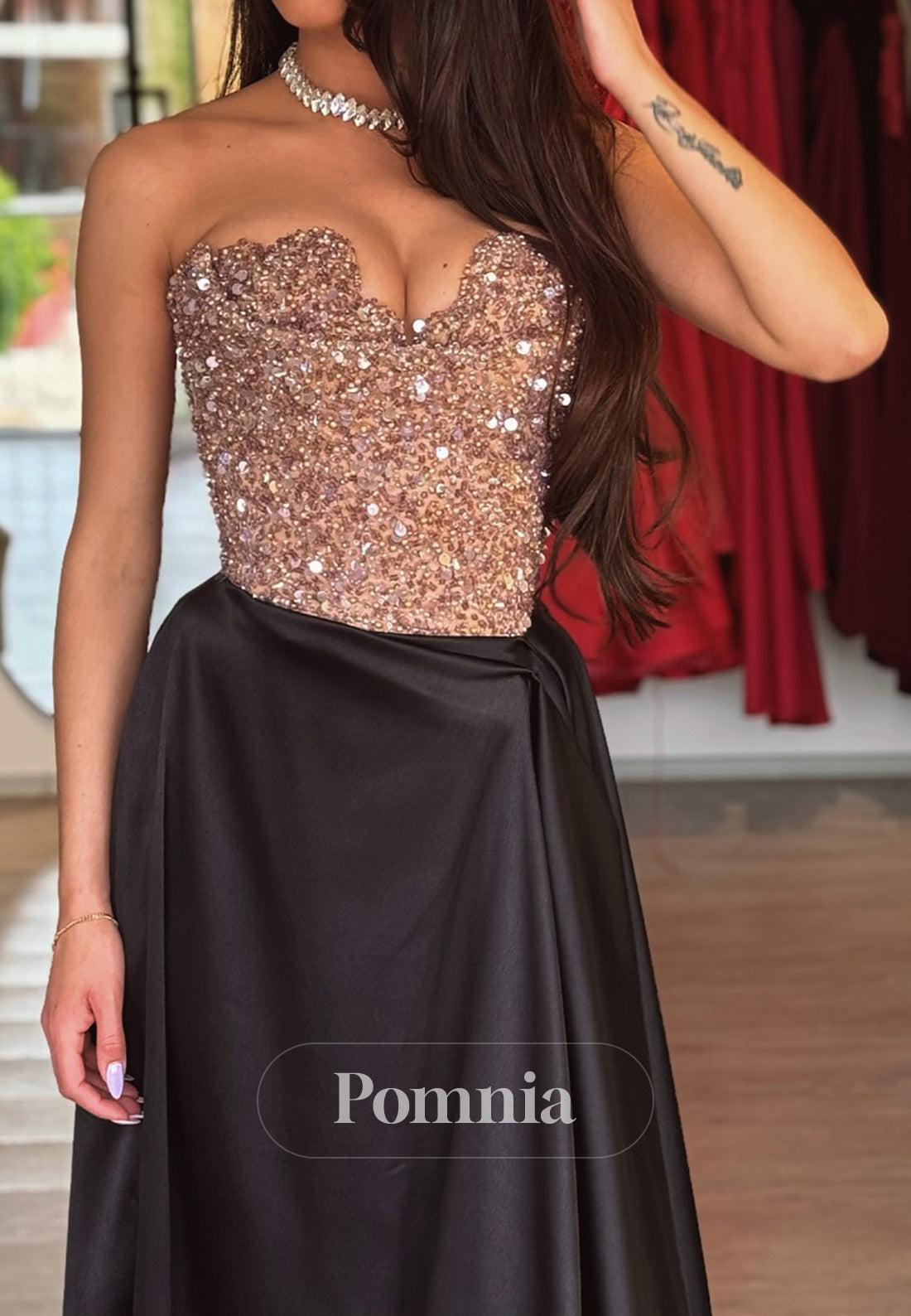 A-Line Strapless Sleeveless Sequins Empire-Waist Evening Dress