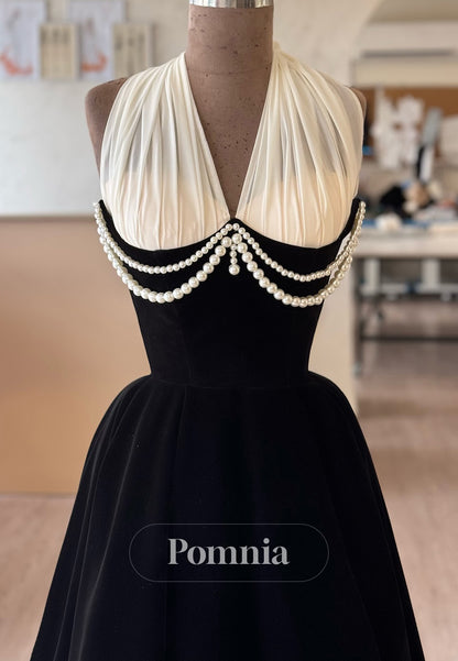 Black Halter Sleeveless Pearls Corset Empire-Waist Prom Dress