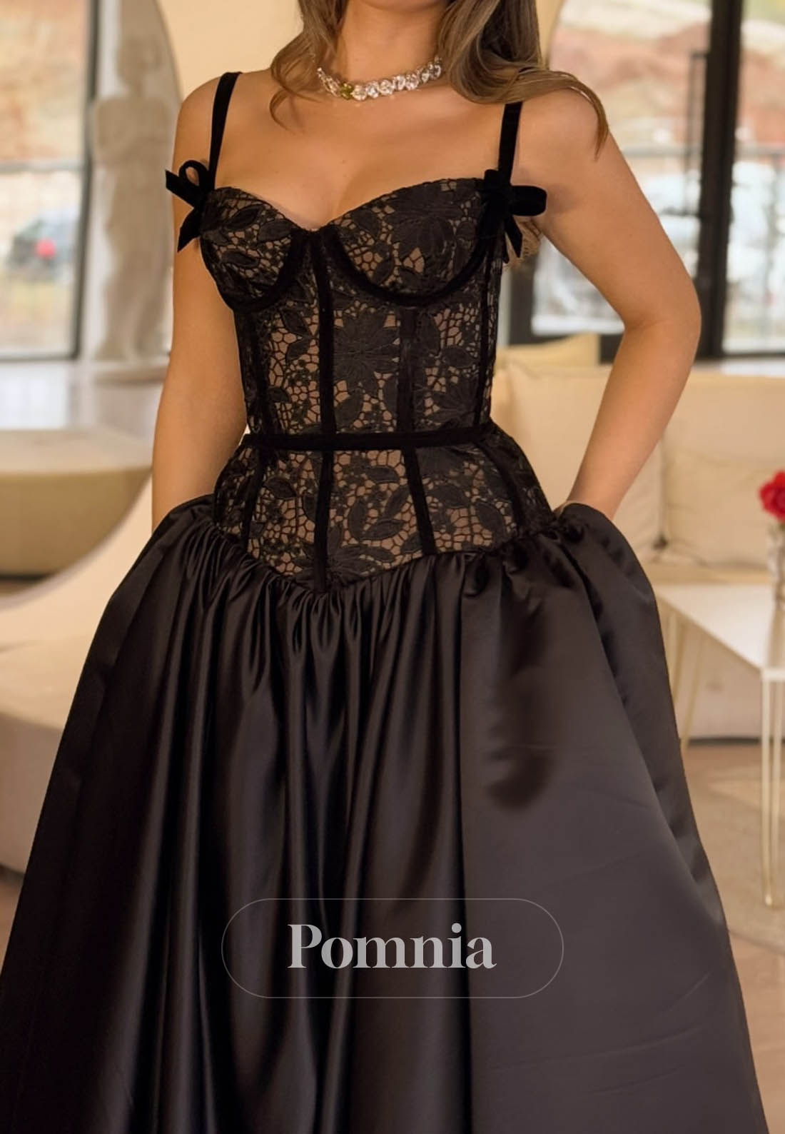 Black Spaghetti Straps Sweetheart Empire-Waist Prom Dress