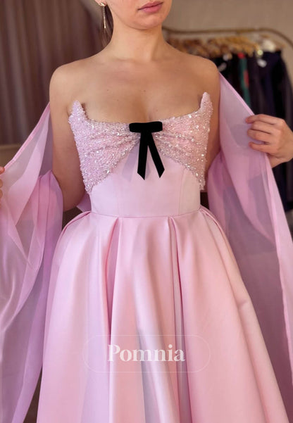 Blushing Pink Sleevelss Strapless Cape Empire-Waist Prom Dress