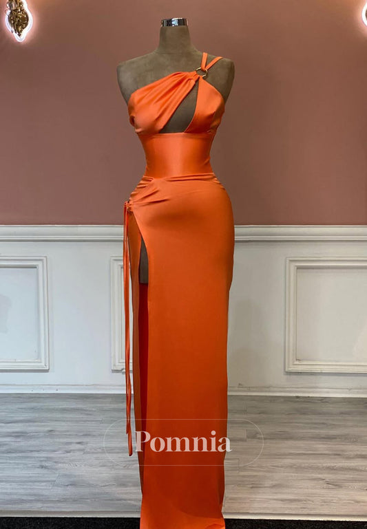 Papaya One Shoulder Sleeveless Prom Dress with Slit Ruched Evening Party Dress