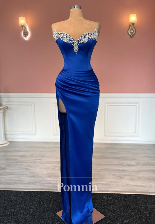 Royal Blue Sleeveless Strapless Prom Dress with Beads Slit Evening Party Dress