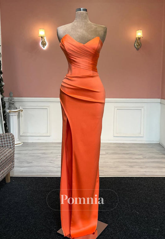 Papaya Sleeveless Strapless Prom Dress with Slit Ruched Evening Party Dress