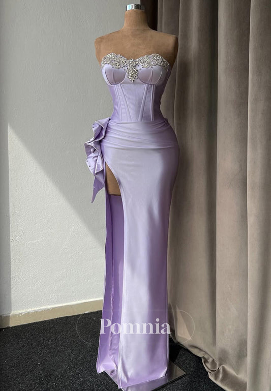 Lilac Sleeveless Strapless Prom Dress with Slit Beads Evnening Party Dress
