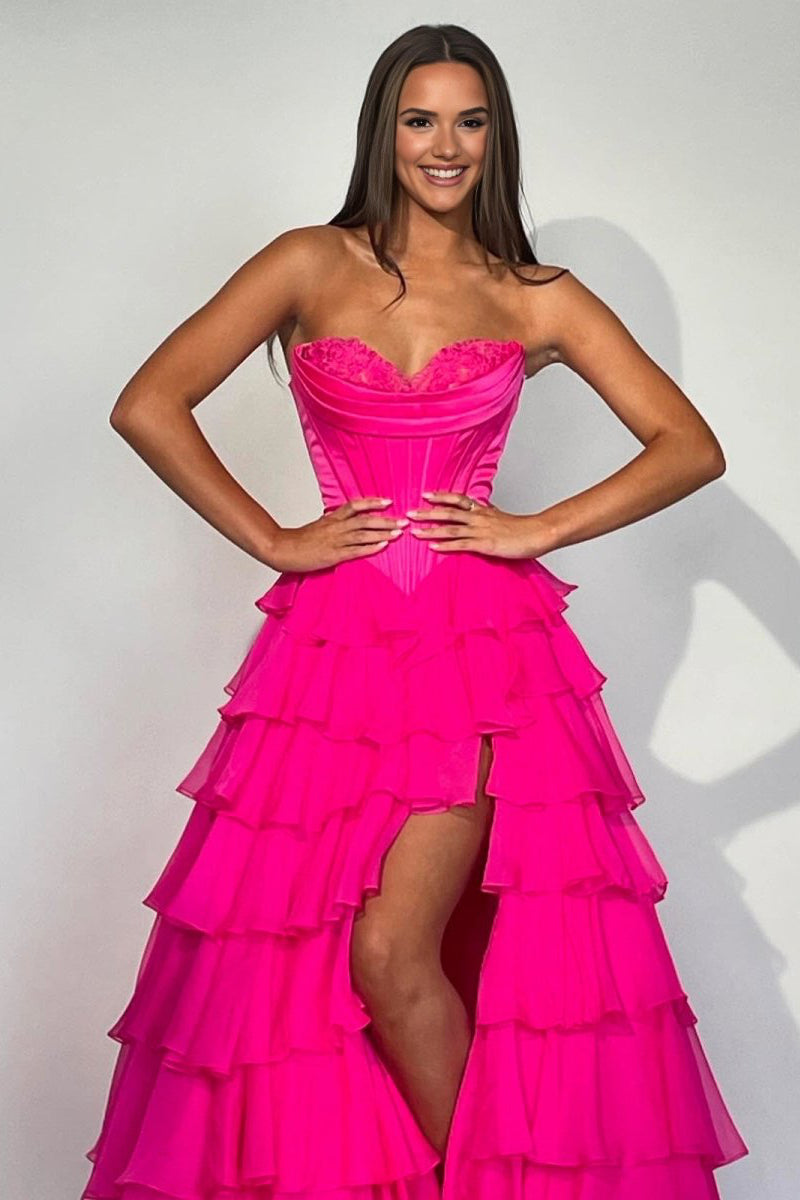Strapless A-Line Ruffle Long Prom Dress With Split