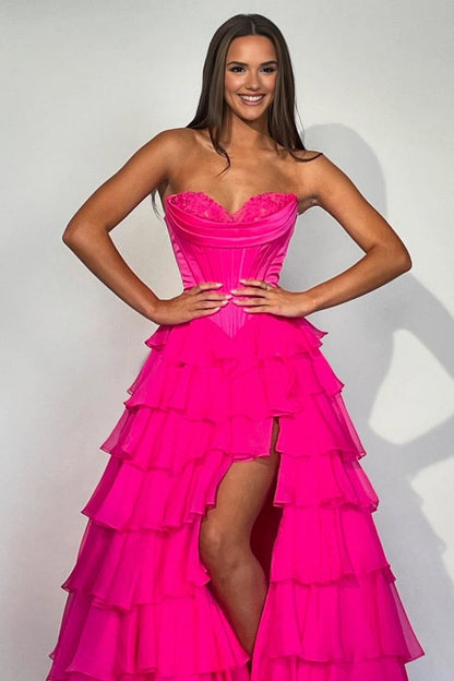 Strapless A-Line Ruffle Long Prom Dress With Split